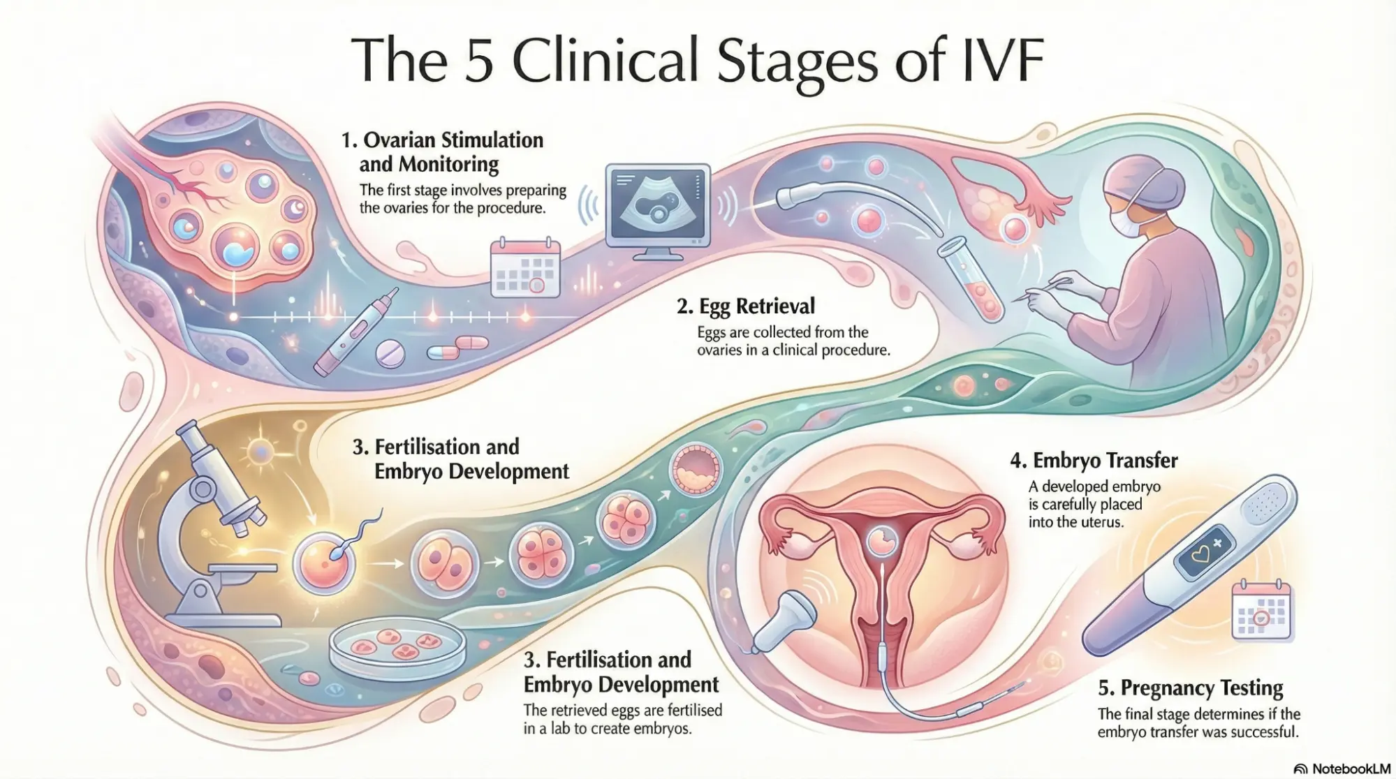 Infographic outlining the five clinical stages of IVF treatment