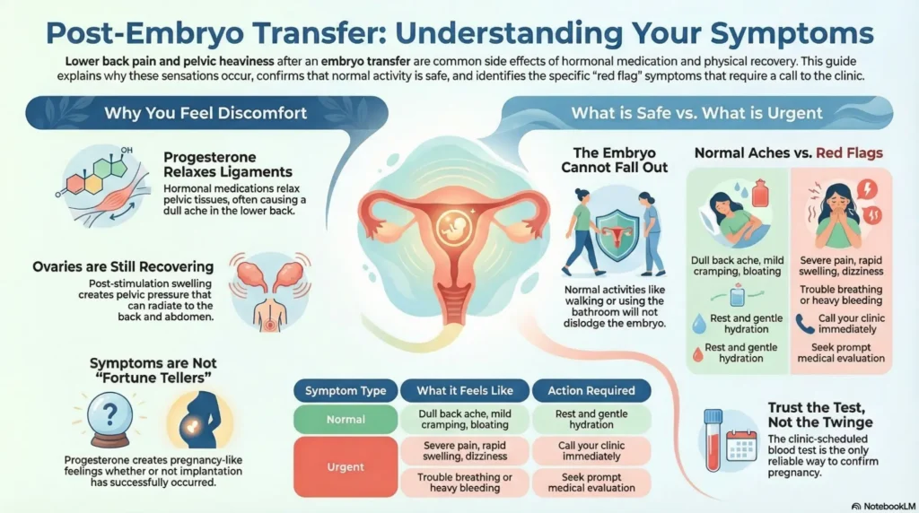 Back pain after IVF embryo transfer infographic explaining causes, musculoskeletal stress, and recovery tips for patients