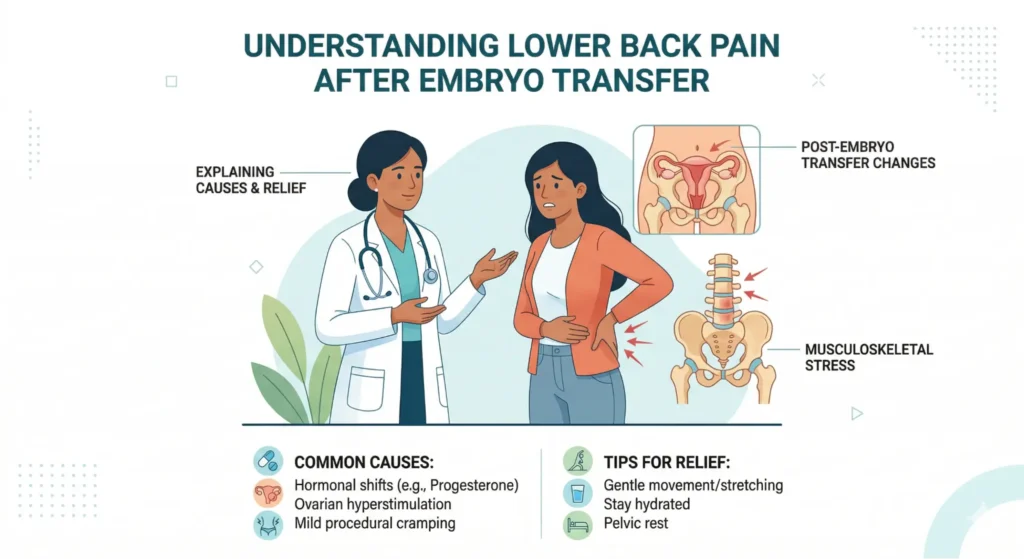 IVF embryo transfer symptoms infographic explaining back pain, cramping, normal recovery signs and warning symptoms after embryo transfer
