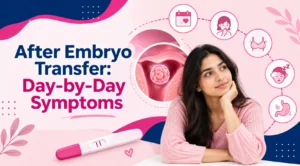 Woman thinking about her symptoms after embryo transfer, with icons for day-by-day symptoms and a pregnancy test