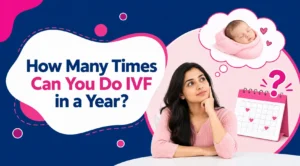Woman thinking about how many times she can do IVF in a year, with a calendar and a baby in a thought bubble