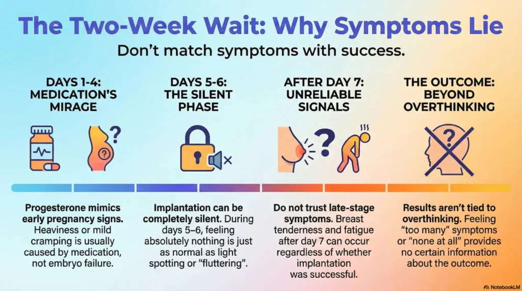 Infographic of the IVF two-week wait timeline: days 1 to 4 medication effects, days 5 to 6 silent implantation phase, unreliable signals after day 7, and the outcome beyond overthinking